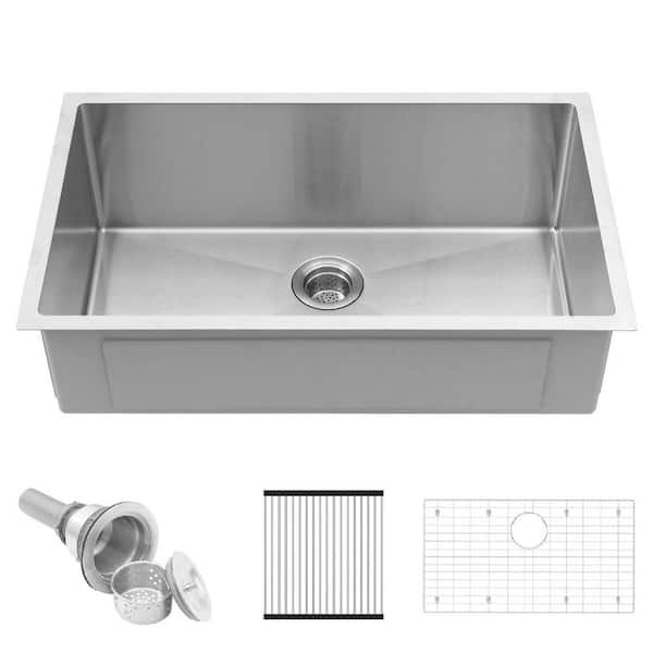 18 in. L Undermount Single Bowl 18-Gauge Silver Stainless Steel Kitchen with Brushed, Includes Drain Kit