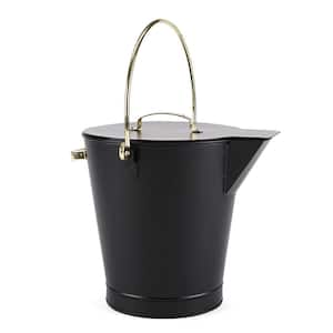 13 in. Tall Black Versatile Round Ash Bucket with Cover and Solid Brass Handles