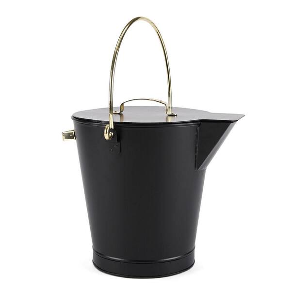 ACHLA DESIGNS 13 in. Tall Black Versatile Round Ash Bucket with Cover and Solid Brass Handles