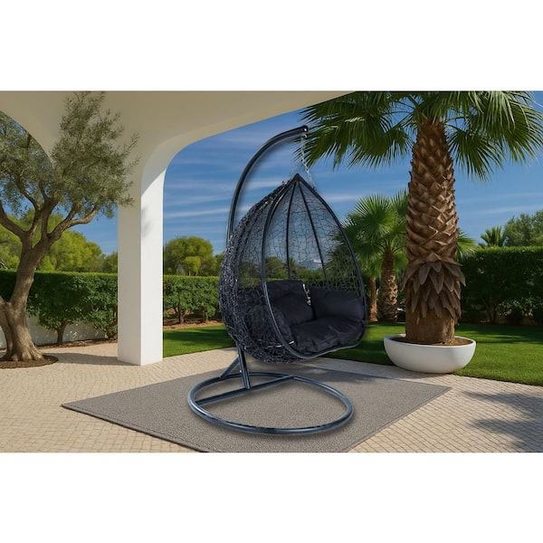 Hanging Metal Porch Swing Chair in Black Stainless Steel Frame with Cushions Recluse Collection in Black