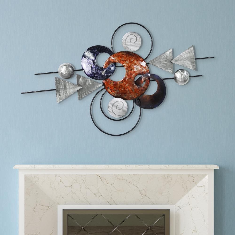 Hand Painted Etched Metal Wall Sculpture with Colorful Discs