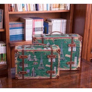 Set of 2 Vintage-Style World Map Leather Wooden Suitcase Trunks with Straps and Handle
