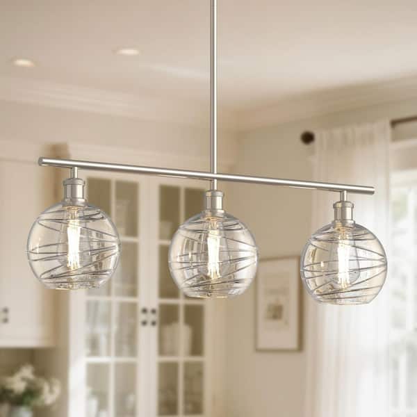 3-Light Brushed Nickel Modern Island Pendant Light Fixtures, Linear Chandelier Hanging Light with Clear Glass Shade