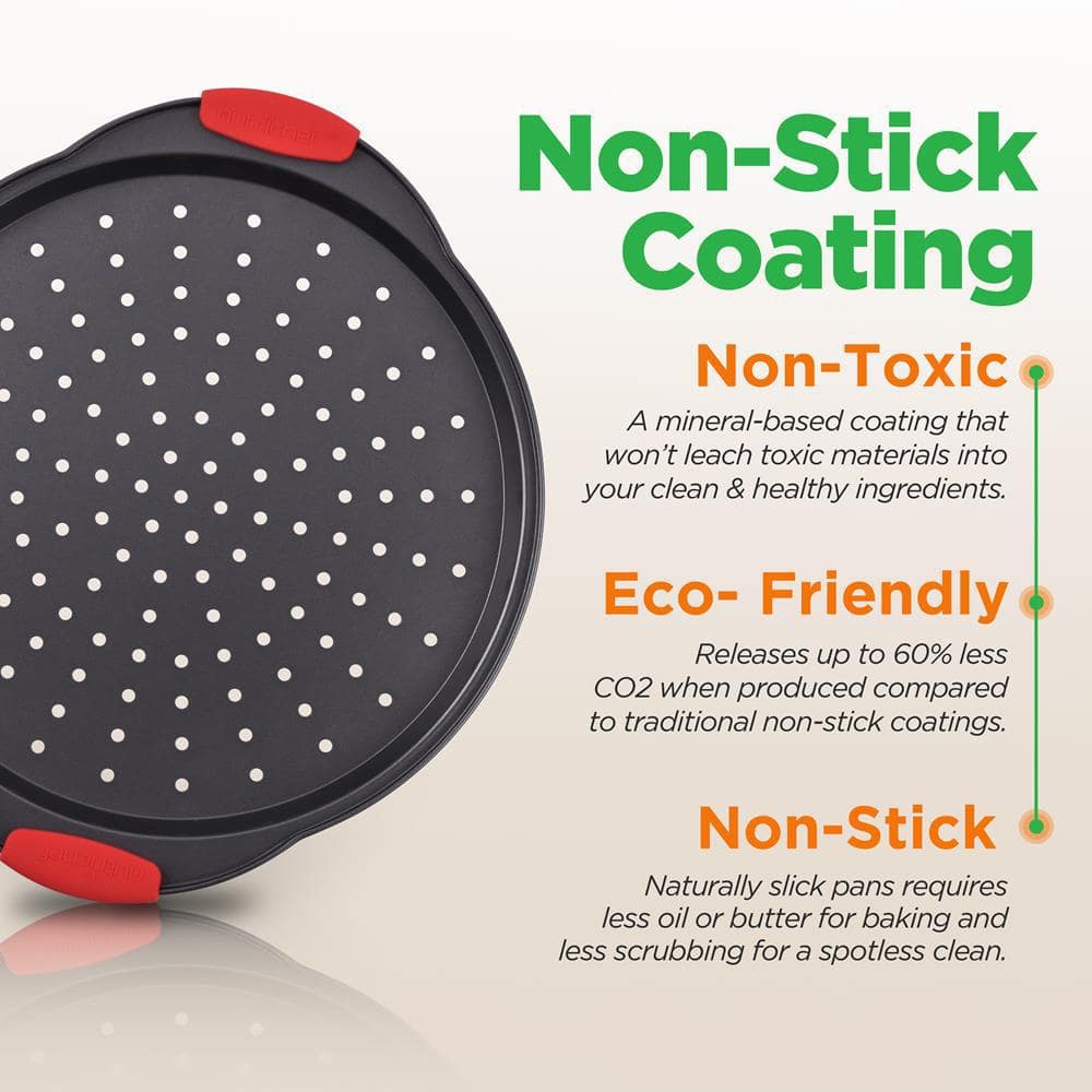 Round Black Non-Stick Pizza Tray with Red Silicone Handles