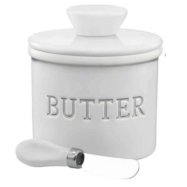 1.5 oz. White Ceramic Butter Dish with Lid with Water Line, French Butter Dish to Leave On Counter