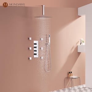 Luxury 7-Spray Patterns Thermostatic 12 in. Ceiling Mount Rainfall Dual Shower Heads with 6-Jet in Chrome