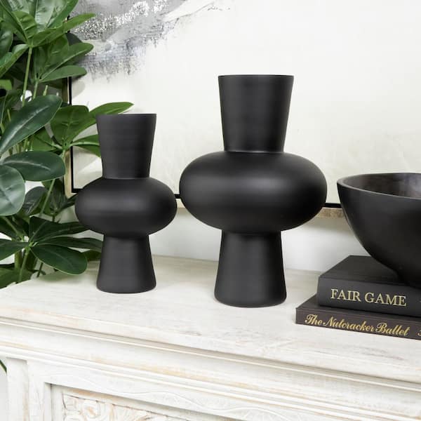 Litton Lane Black Trumpet Glass Decorative Vase with Wide Rounded Center (Set of 2)