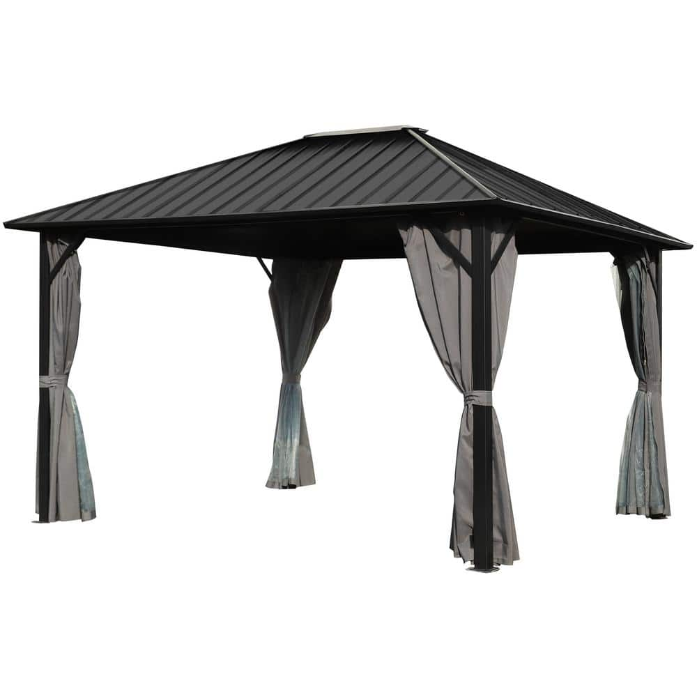 VEIKOUS 12 ft. W x 10 ft. L Aluminum Hardtop Gazebo with Grey Curtains ...