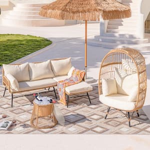 4 Pieces Boho Beige Wicker Patio Conversation Sofa Set with Ice Bucket Egg Chair with Beige Cushions