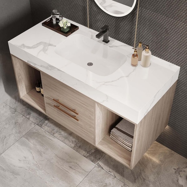 39.4 in. Wall Mounted Single Sink Light Oak Bath Vanity with White Sintered Stone Top Requires Assembly