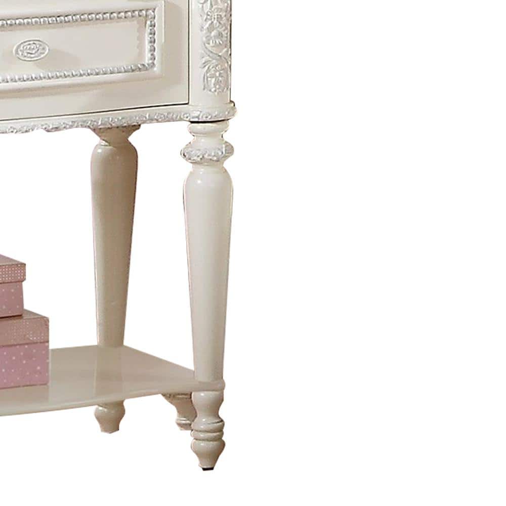 Ivory Floral Carved Wood 1-Drawer Nightstand