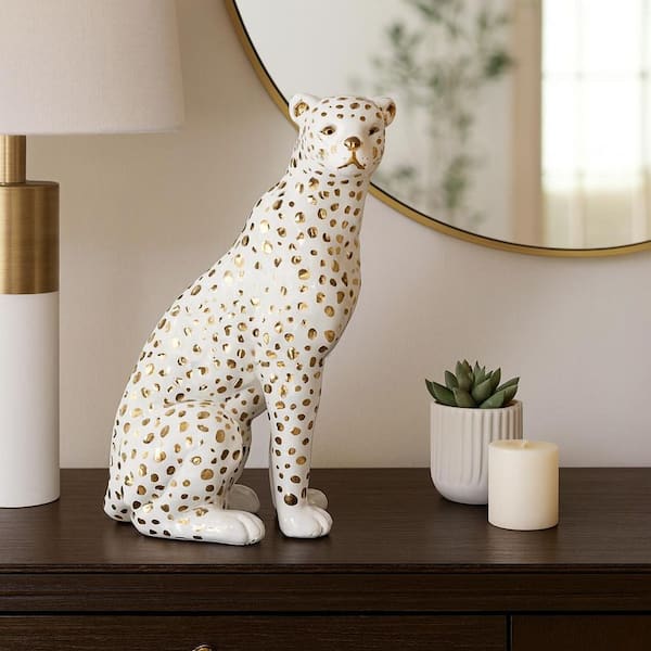 Liv & Skye White 7 in. x 11 in. Ceramic Glam Sitting Leopard