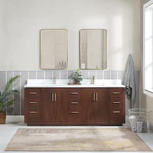 San 84 in.W x 22 in.D x 33.8 in.H Double Sink Bath Vanity in Natural Walnut with White Composite Stone Top and Mirror
