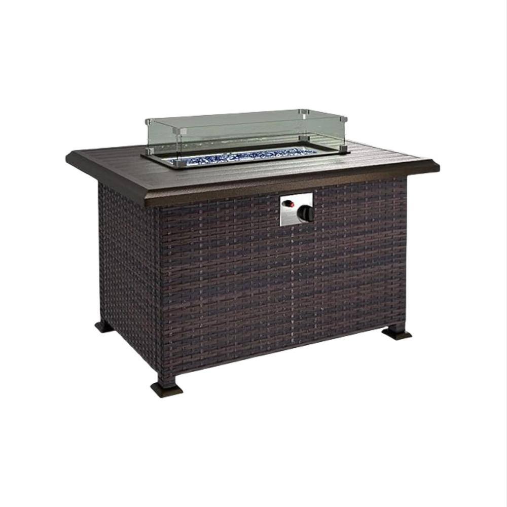 Wicker Outdoor Fire Pit Table with Adjustable Flame, glass wind guard and cover