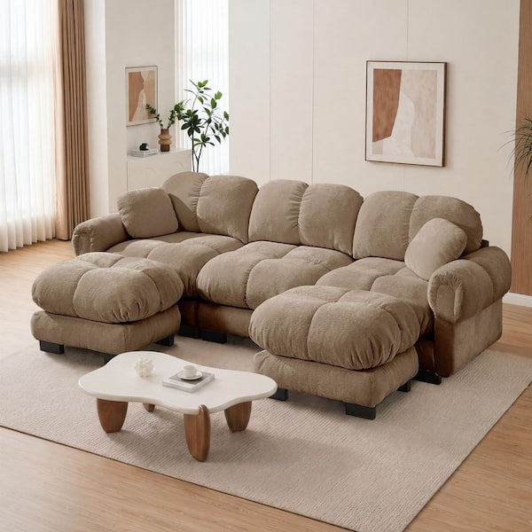 Darian 86.6 in. Round Arms Chenille U-Shaped Sectional Sofa in Brown with Exquisite Pillows, 2 Movable Ottomans
