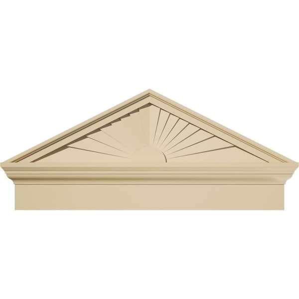 Ekena Millwork 34 in. W x 15-3/8 in. H x 2-3/4 in. P Pitch 6/12 Peaked Cap Sunburst Signature Urethane Combination Pediment, Primed Tan
