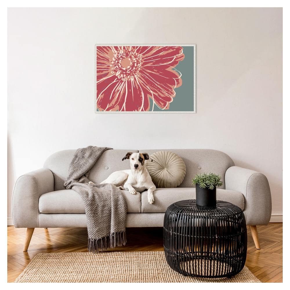 Large Pink Flower on Gray-Green Framed Canvas Wall Art