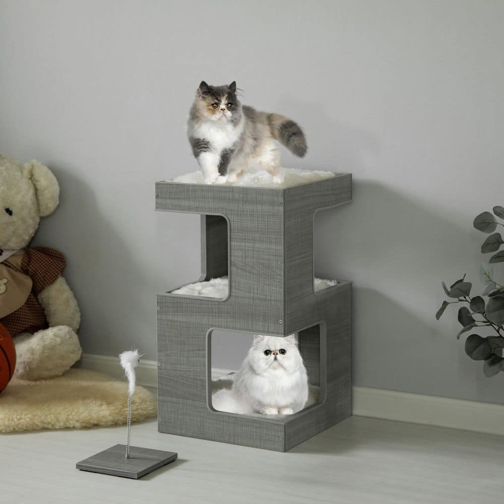 Gray Multi-Level Modern Cat Tower with Soft Faux Fur Cushions