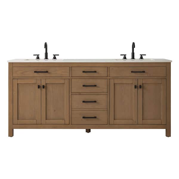 Luther 72 in. W x 22 in. D Bath Vanity in Textured Natural with Quartz Top in Velluto White with White Sinks
