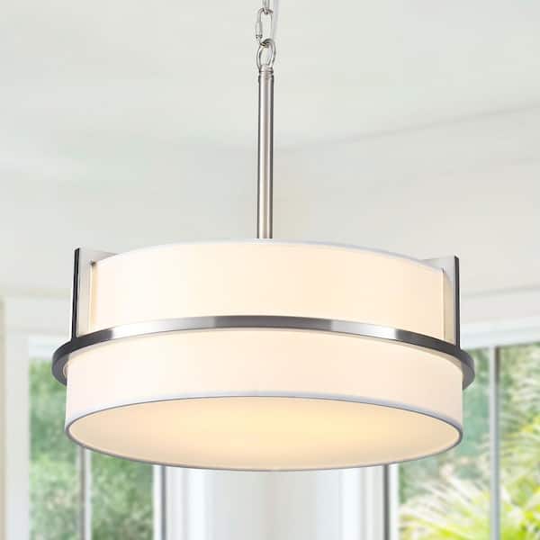 LWYTJO 15. 74 in. 3-Light Nickel Classic Metal Circle Chandelier with White Fabric Drum Shape for Living Room Entryway Porch