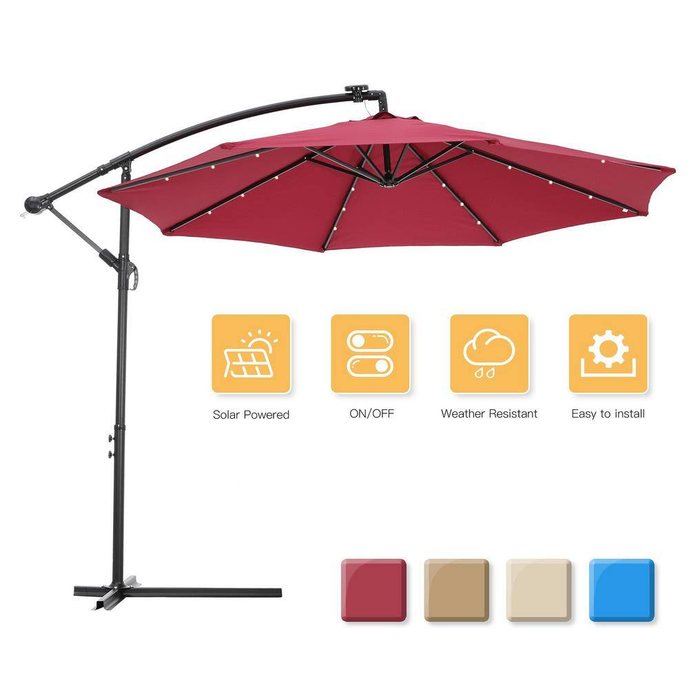10 ft. Steel Cantilever Solar LED Patio Umbrella in Burgundy