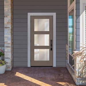 Regency 30 in. x 80 in. Modern 3-Lite Equal Clear Glass RHOS Ashwood Stain Mahogany Fiberglass Prehung Front Door