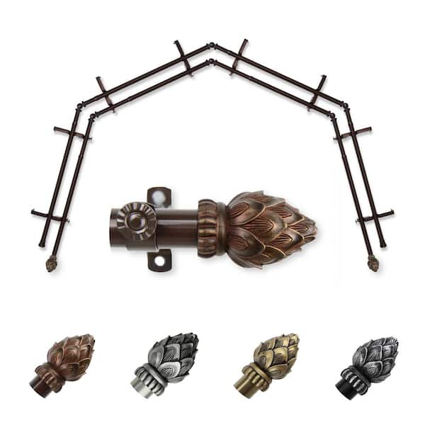 EMOH 13/16" Dia Adjustable 4-Sided Double Bay Window Curtain Rod 28 to 48" (each side) with Jace Finials in Cocoa