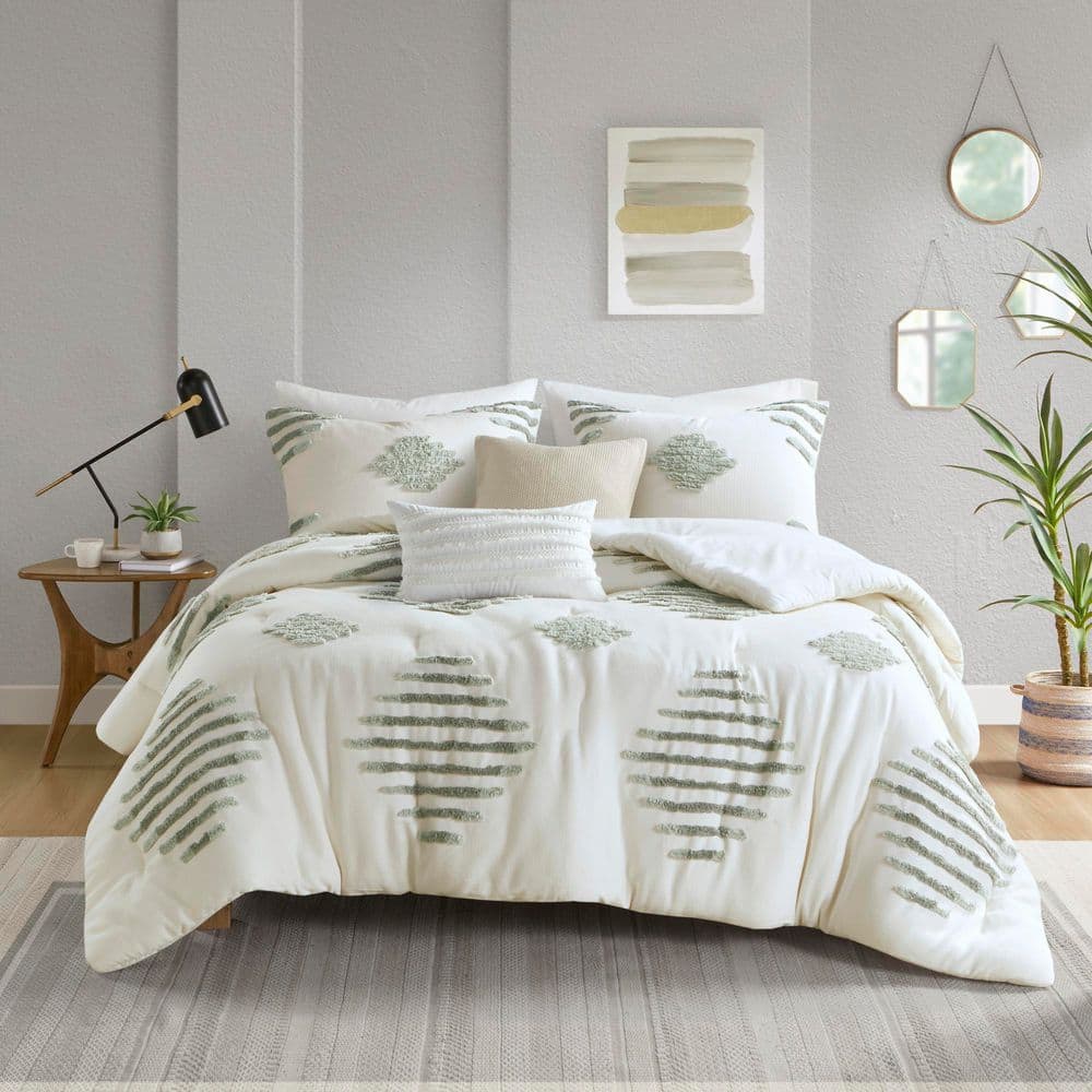Ivory and Green Cotton Blend Chenille Full Comforter Set