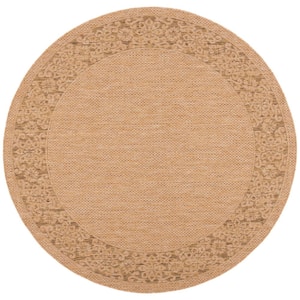 Courtyard Natural/Gold 7 ft. x 7 ft. Solid Floral Border Indoor/Outdoor Patio  Round Area Rug