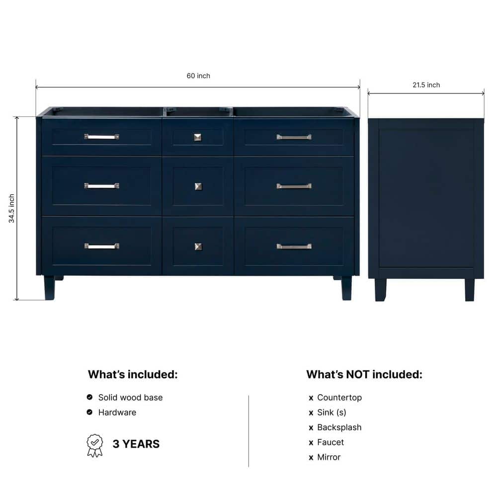 Midnight Blue 60" Double Freestanding Wood Vanity Cabinet