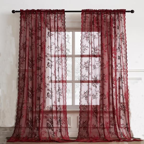 52x84 Inches Lace Floral Sheer Curtains,Rod Pocket Light Filtering Window Curtains 2 Panels Set,Burgundy