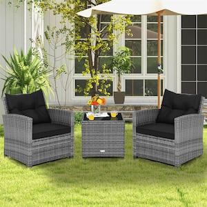 3-Piece Patio Conversation Set with Black Cushions