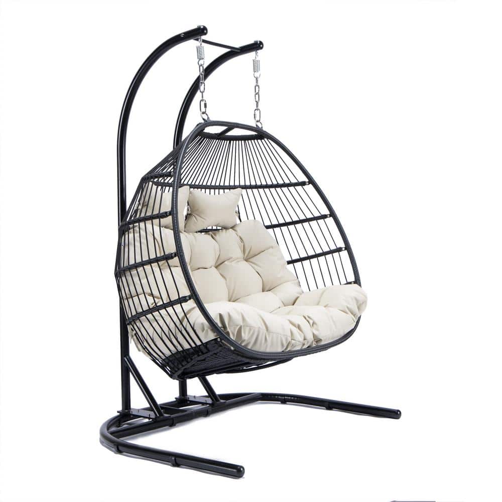 Modern 53 in. 2 Person Black Metal Patio Swing with Stand and Beige Cushion
