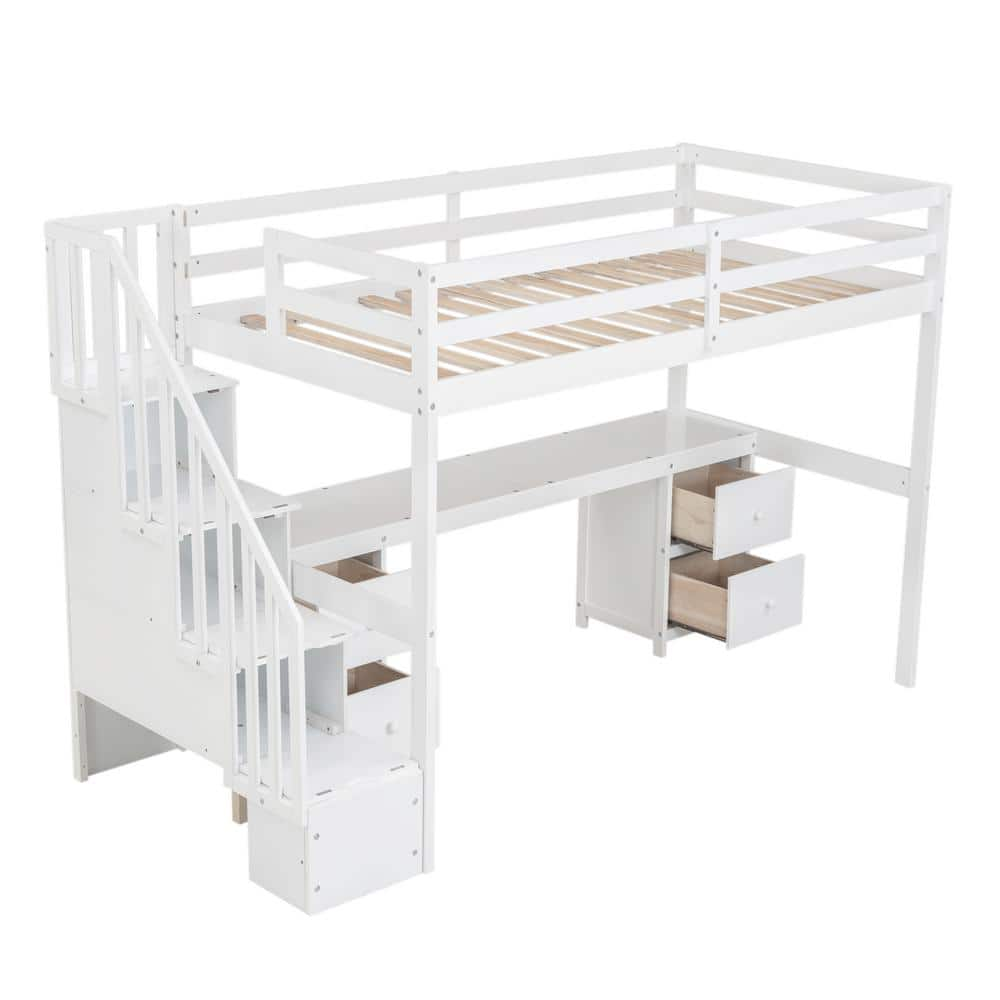 Nestfair White Twin Size Loft Bed with Storage Stairs, Built-in Desk ...