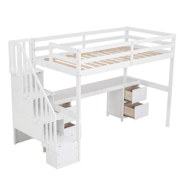 Nestfair White Twin Size Loft Bed with Storage Stairs, Built-in Desk ...