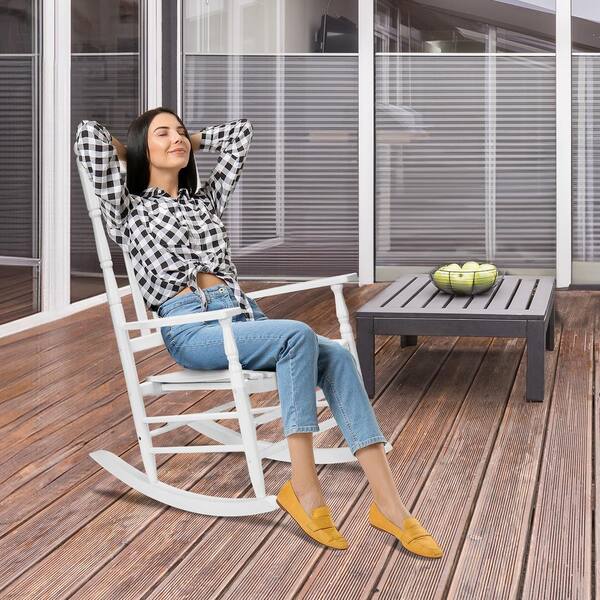 VINGLI Wood Outdoor Rocking Chair with High Back Seat Reclining