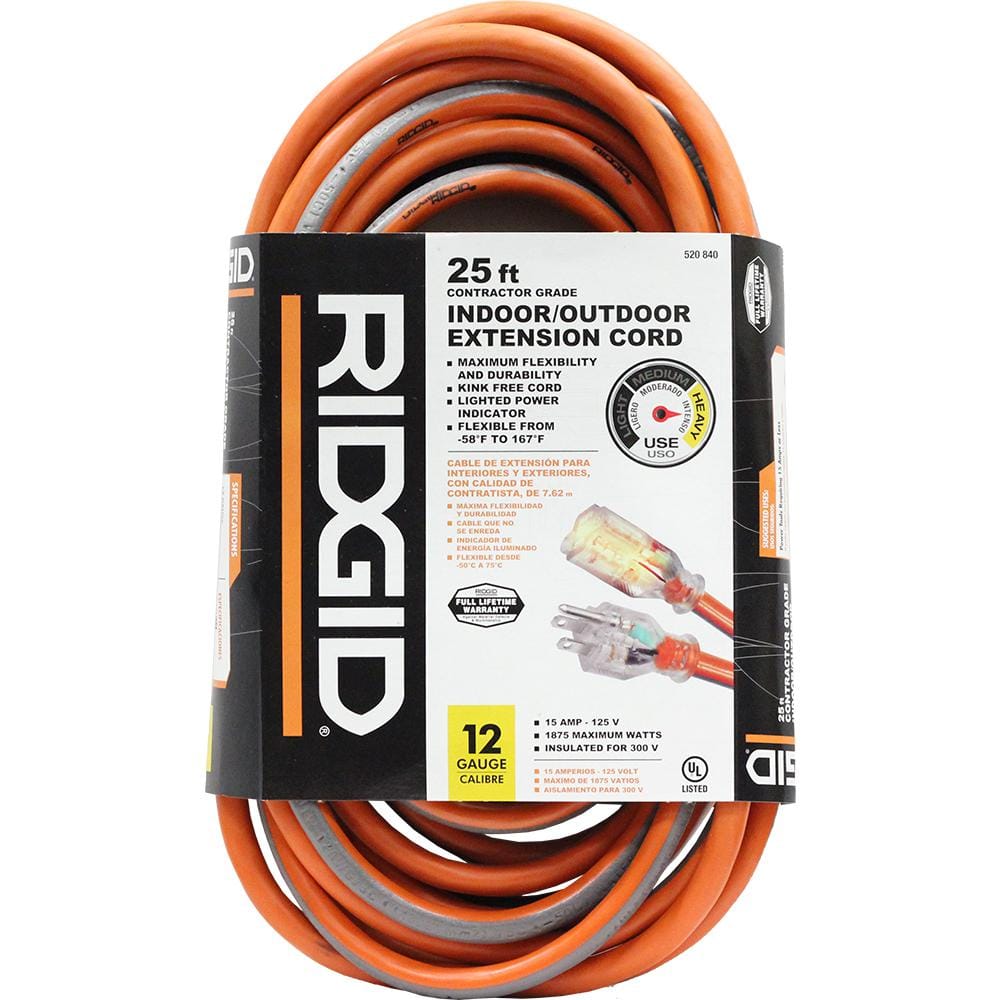 RIDGID 25 ft. 12/3 Outdoor Extension Cord 657-123025RL6A - The