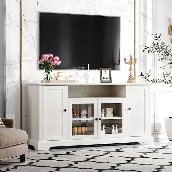 Seafuloy 59.8 in. W White MDF TV Cabinet with (2) 3-Tier Storage and Tempered Glass Cabinet TV up to 65 in.