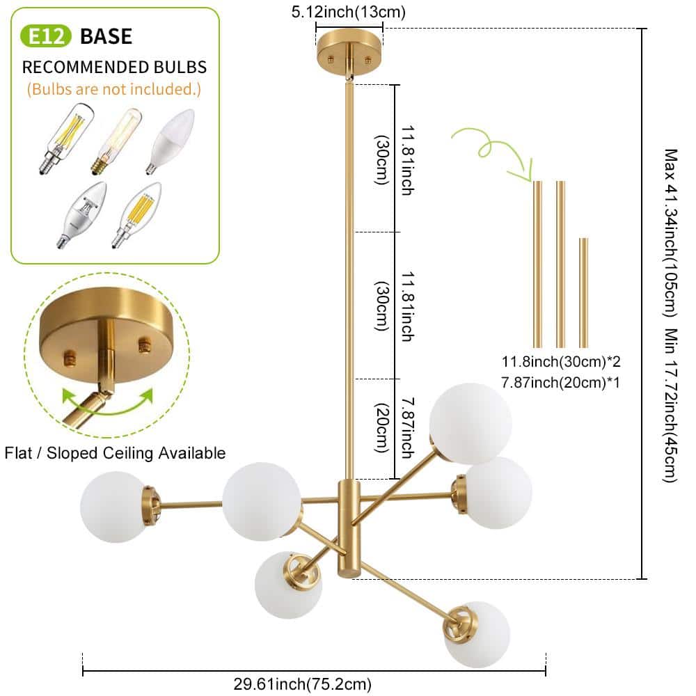 Gold Sputnik 6-Light Chandelier with White Glass Shades