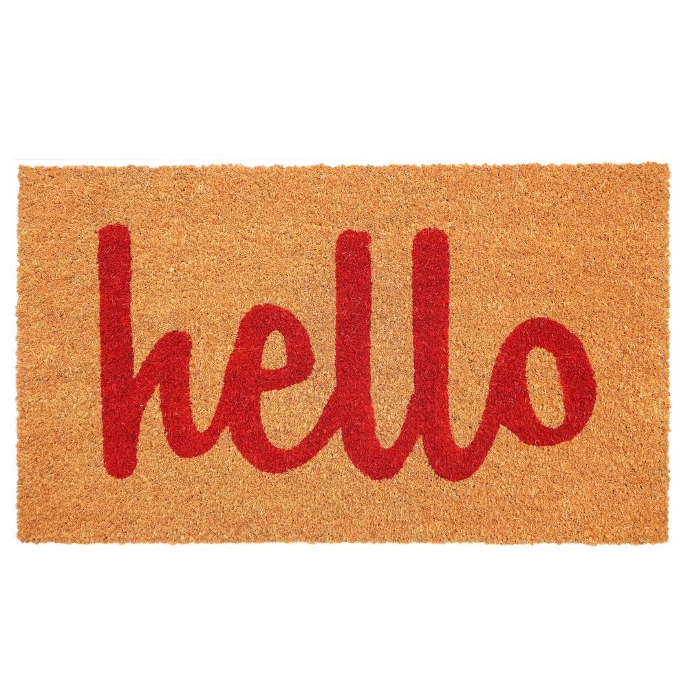 Natural Coir Red Script Hello Outdoor Doormat