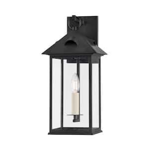Corning 8 in. 1-Light Forged Iron Outdoor Wall Sconce with Clear Glass Shade