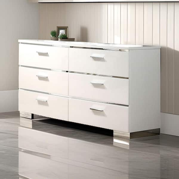 White and Silver 6-Drawer 63 in. Wide Dresser Without Mirror