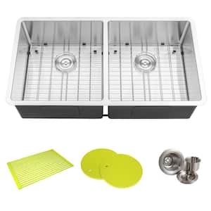 Undermount 16-Gauge Stainless Steel 37 in. x 20 in. x 10 in. 50/50 Double Bowl Kitchen Sink Combo