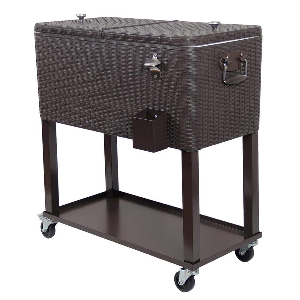 UPHA 80 Qt. Wicker Stainless Steel Wicker Patio Cooler Cart with Wheels