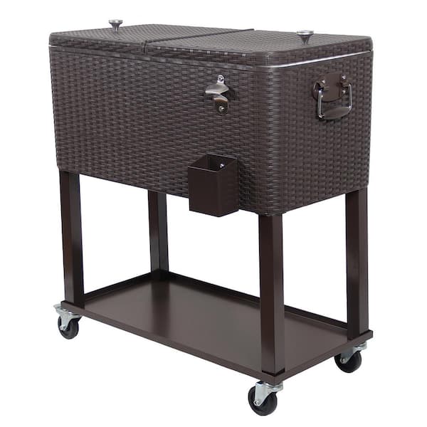UPHA 80 Qt. Wicker Stainless Steel Wicker Patio Cooler Cart with Wheels in Brown