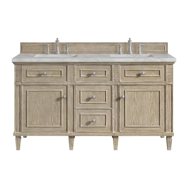 James Martin Vanities Lorelai 60.0 in. W x 23.5 in. D x 34.06 in. H Double Vanity in Whitewashed Oak with Silver Quartz Top
