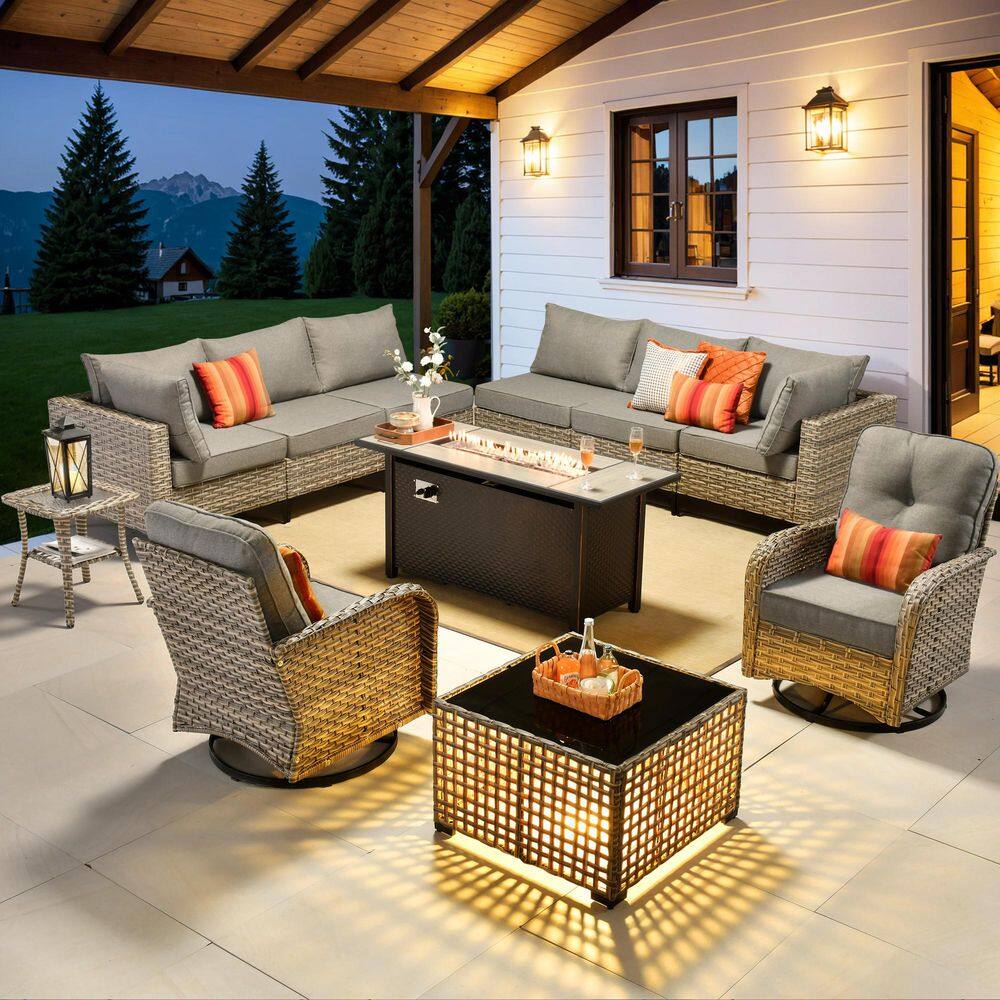 Melly Gray 11-Piece Wicker 54 in. Rectangle Fire Pit Outdoor Sectional Set with Dark Gray Cushions and Swivel Chairs price history on PriceWatchPro