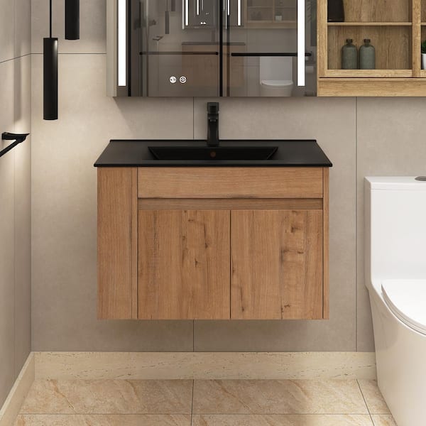 Staykiwi 30 in. W x 18.5 in. D x 20 in. H Wall Mounted Bath Vanity in Imitative Oak with Black Ceramic Top