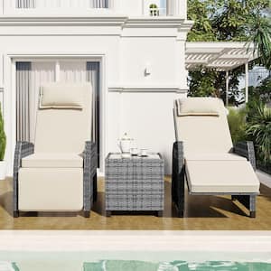 3-Piece Adjustable Wicker Outdoor Patio Conversation Set with Beige Cushions and Coffee Table