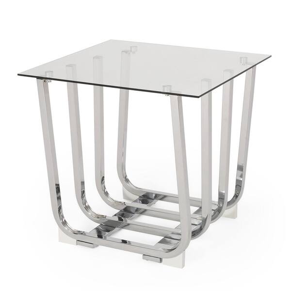 Noble House Winfough 22 in. Chrome Glass Top Side Table